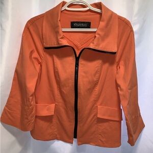Cheryl Noah Tangerine Stretchy Blazer Jacket Zipper Black Trim Women's Small